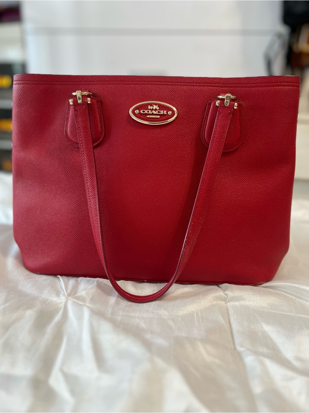 Coach Red Pebbled Leather Tote with Gold Logo